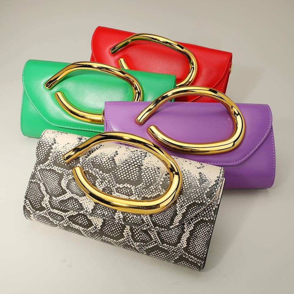 Bold Hardware Accent Snake Animal Print Pattern Vegan Leather Clutch Bag